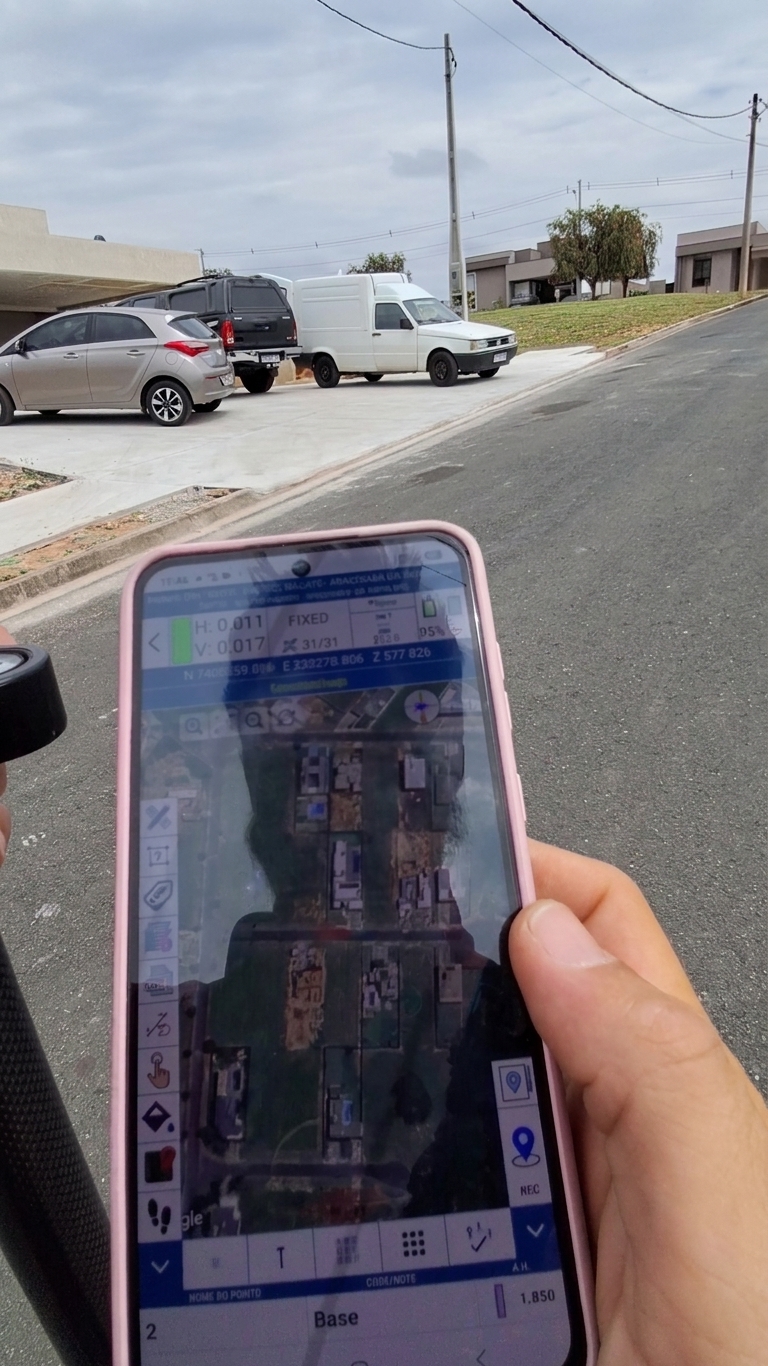 Levantamento topografico planialtimetrico aracoiaba da serra foto 2 Operador realiza a marcação física de um ponto de controle no asfalto com fita adesiva branca, garantindo a precisão das referências.
