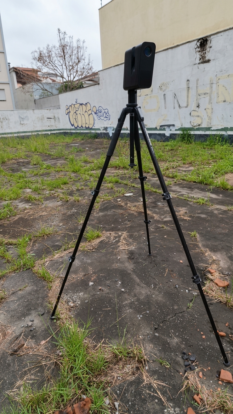 Levantamento cadastral drone scanner 3d sao paulo foto 4 Destaque para o equipamento de scanner laser 3d posicionado em campo para levantamento tridimensional da área externa.
